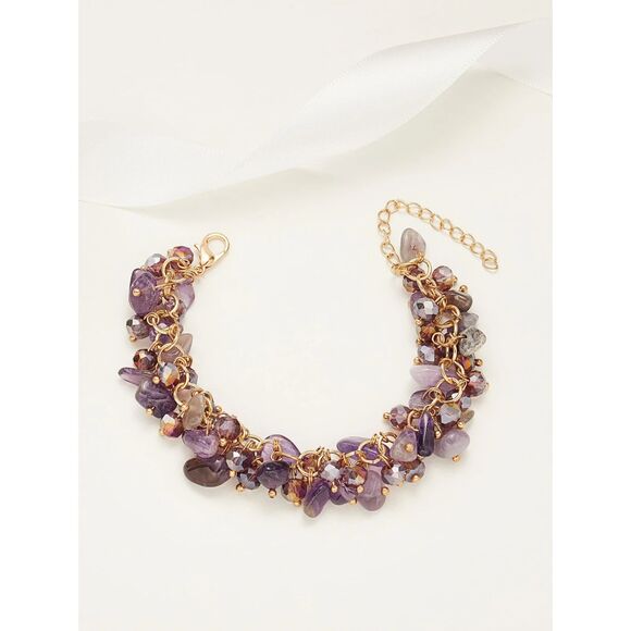 Purple Amethyst Multi Gemstone Tassel Charm Bracelet Adjustable Goldtone Chunky - Picture 3 of 4